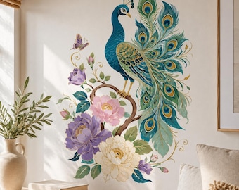 Floral Peacock Wall Decal | Teal and Gold Botanical Bird Vinyl Sticker | Colorful Living Room Bedroom Wall Decor | Ornate Nature Decor Art