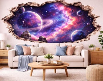 3D Space Galaxy Wall Decal | Cracked Wall Planet Nebula Sticker | Outer Space Wall Art for Bedroom | Peel and Stick Vinyl | Removable Decals