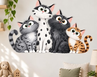 Four Cartoon Cats Wall Decal | Cute Cat Nursery Decor | Kids Room Animal Wall Sticker | Whimsical Cat Lover Wall Decoration | Printed Vinyl