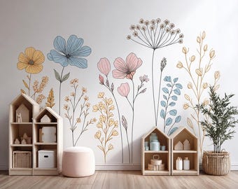 Floral Line Art Wall Decal | Boho Botanical Wall Sticker | Minimalist Flower Mural for Nursery or Kids Room | Large Removable Vinyl Art