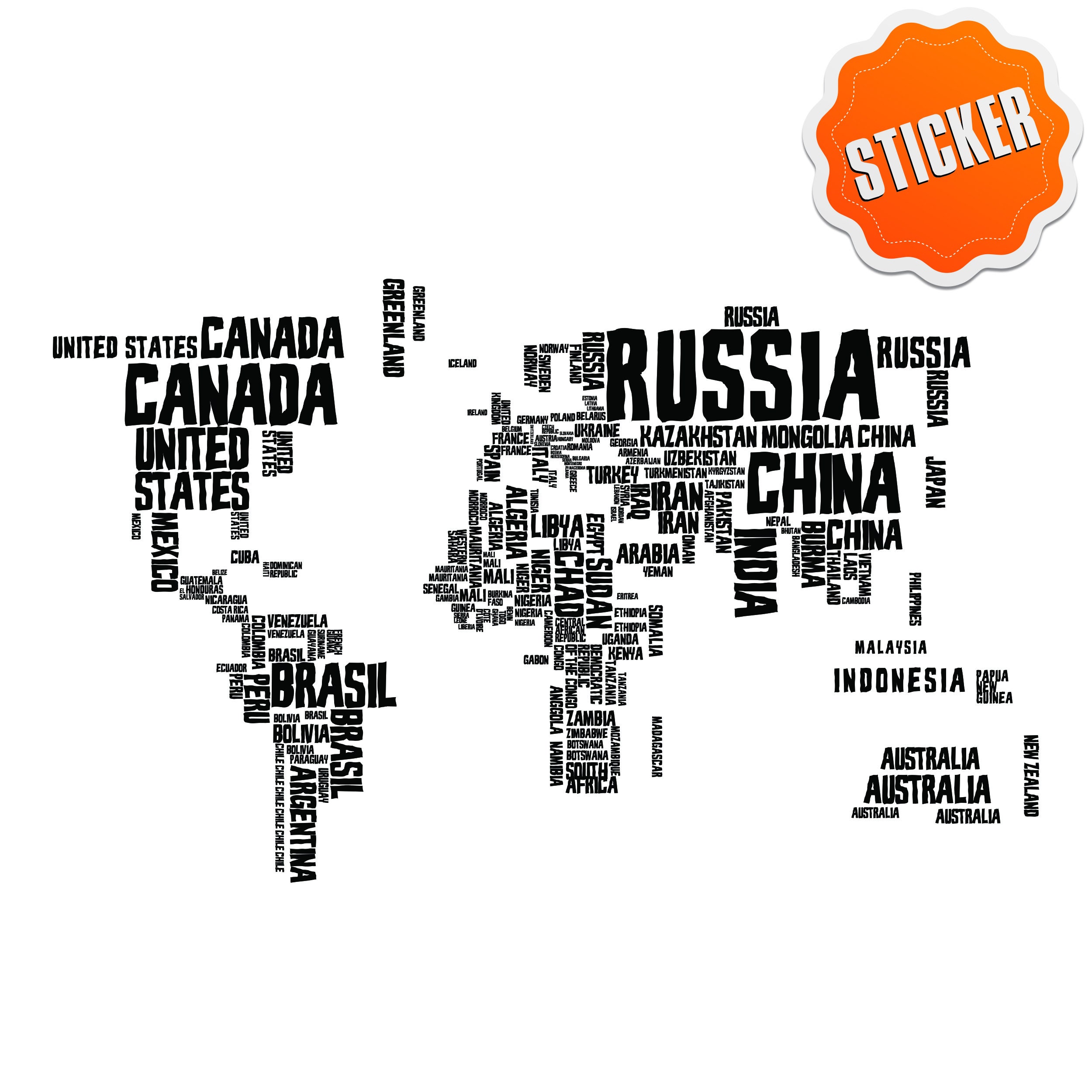 World Map Vinyl Wall Sticker - Country Name Word Kid Large Art Decor ...