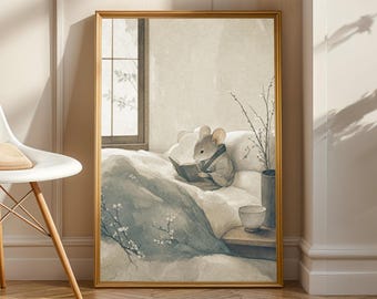 Fancy Mouse Reading a Book Poster | Modern Japanese Animal Wall Decor | Sage Green Illustration | Cozy Bedroom Decor | Book Lover Art Prints