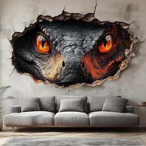 3D Fiery Dragon Wall Mural | Dragon Eyes Cracked Wall Sticker | Fantasy Wall Art Living Room | Kids Room  Decor | Large Dragon Wall Decal