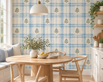 Blue Botanical Plaid Self Adhesive Vinyl Wallpaper | Watercolor Floral Gingham Wall Mural | Cottage Living Room Decor | Cream Accent Wall