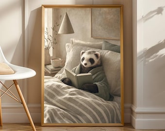 Panda Ferret Reading in Bed Poster | Scandinavian Gouache Ferret Wall Art | Warm Beige Oat Milk Decor | Cozy Nordic Bedroom Print