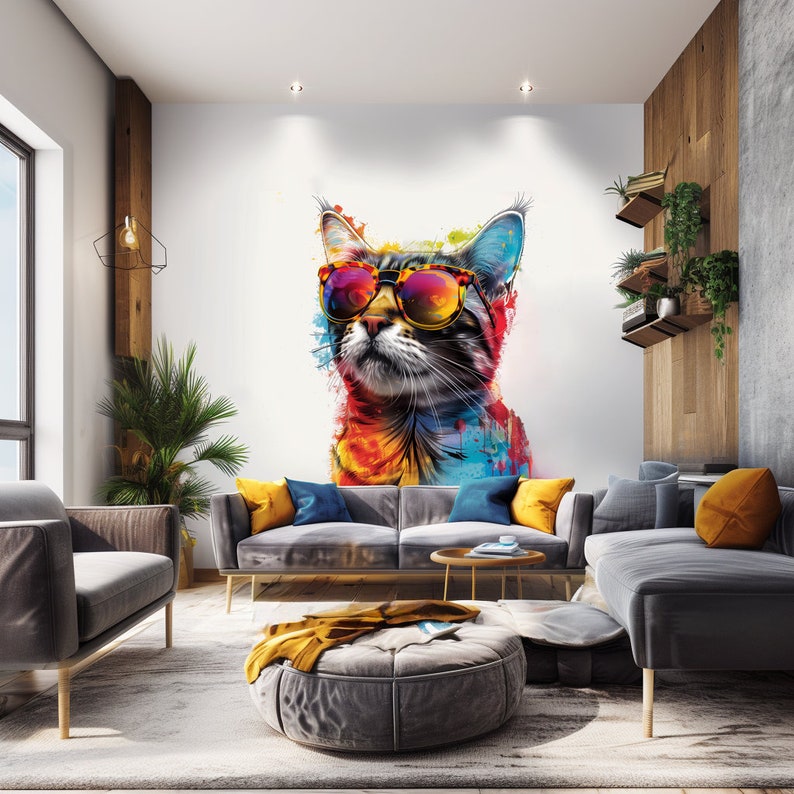 Colorful Maine Coon Cat Wall Sticker with Sunglasses - Modern Kittent Art Decal - Vibrant Kitty Decor for Living Room - Cool Cat Lover Gift image 5