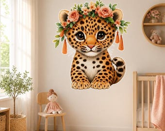 Baby Leopard Floral Wall Decal | Nursery Jungle Animal Sticker | Boho Safari Kids Room Decor | Peach Rose Playroom Wall Art | Cute Cub Decal