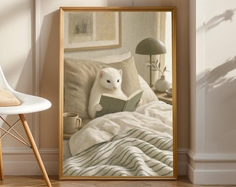 White Ferret Reading in Bed Poster | Scandinavian Gouache Ferret Wall Art | Warm Beige Oat Milk Sage Decor | Cozy Nordic Bedroom Print