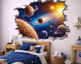 Adesivo da parete 3D Galaxy / Murale con svolta spaziale / Adesivo con pianeti e stelle / Buco cosmico nell'arte murale / Decorazione per la stanza di fantascienza / Regalo per bambini a tema astronauta