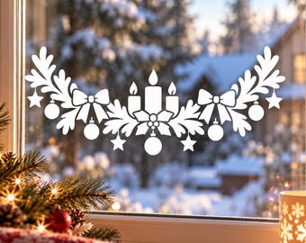 Christmas Window Decal | White Christmas Window Sticker | Candle Pine Bow Decor | Holiday Glass Decoration | Festive Winter Window Ornaments