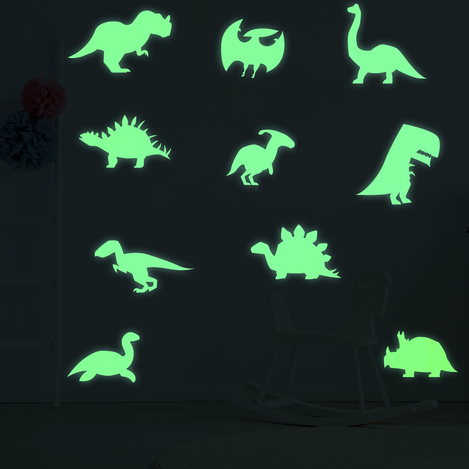 4 Stickers Muraux Lumineux Dinosaures – Phosphorescents Brillent Dans Le Noir – Décoration Chambre Enfant Garçon Volcan & Dino