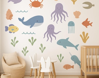 Ocean Animal Wall Decals | Under the Sea Wall Stickers | Removable Sea Life Nursery Decor | Reusable Ocean Creatures Decals | Kids Room Art