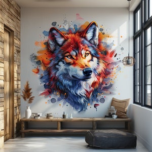 Könnte beinhalten: Ein farbenfrohes Aquarellbild eines Wolfskopfes mit Spritzern von orangefarbener, roter, blauer und gelber Farbe.