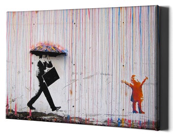 Regenbogen Regen Leinwand Kunstdruck - Banksy Kinderzimmer Groß gerahmt Dekor Lustige Straße Graffiti Schlafzimmer - Baumwolldruck Wandbehang Bild