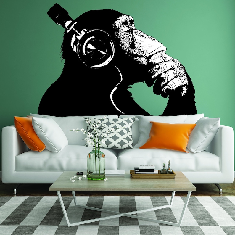 Banksy Wall Decal Thinking Monkey Art Sticker Dj Chimp The Thinker Gorilla With Headphones Home Decals Street Art Graffiti Mural Print image 1