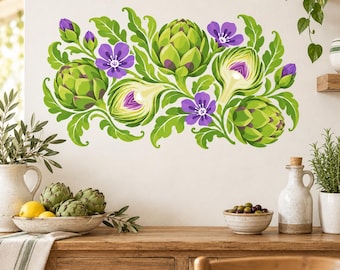 Artichoke Botanical Wall Decal | Colorful Vegetable Floral Kitchen Decor | Vinyl Garden Wall Sticker | Cottage Dining Room Decor Wall Art