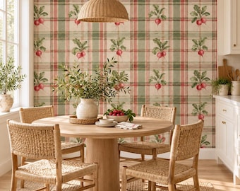 Radish Plaid Self Adhesive Wallpaper | Vintage Vegetable Kitchen Wall Mural | Cottagecore Dining Room Decor | Vinyl Wall Covering Panels