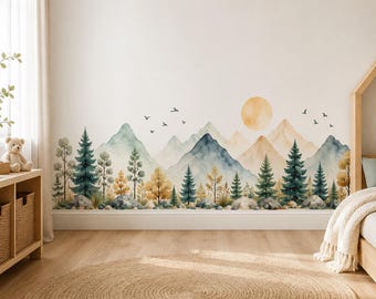Watercolor Mountain Wall Decal | Forest Landscape Vinyl Wall Sticker | Woodland Nursery Decor | Kids Room Mountain Mural | Forest Border
