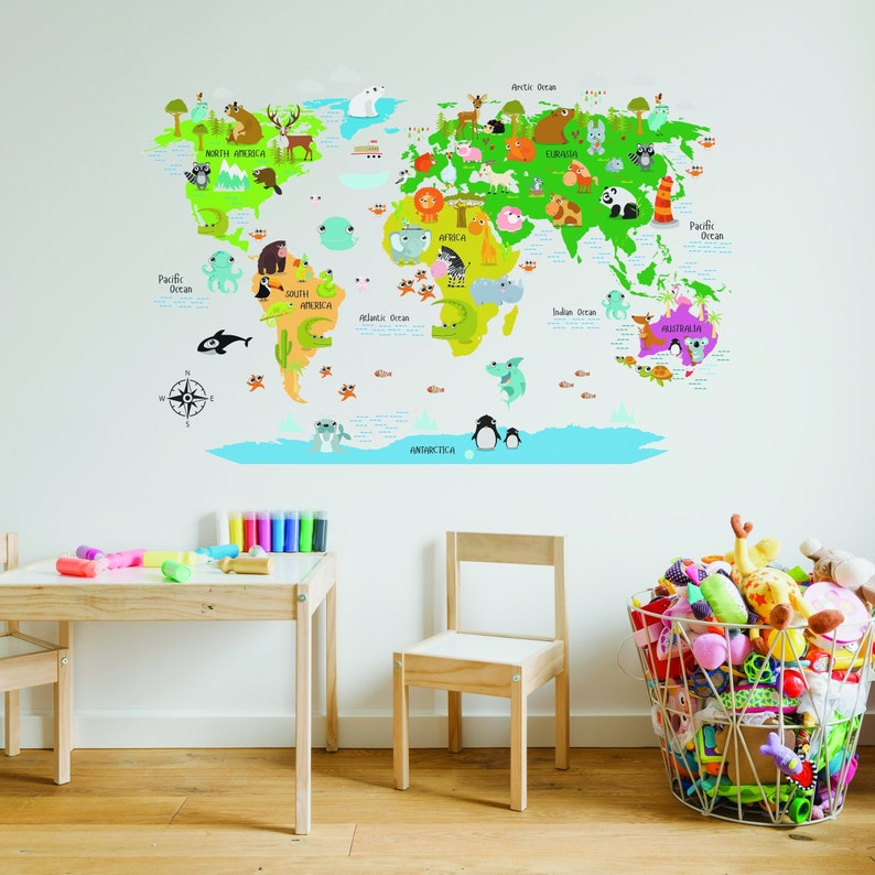 Kids World Map Wall Decal - Country Animal Room Decor Vinyl Sticker for ...