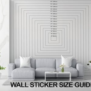 Peut inclure: Guide des tailles d'autocollants muraux avec des carr&eacute;s noirs et des mesures en cm et en pouces. Les tailles varient de 20 cm &agrave; 300 cm, soit de 8 pouces &agrave; 118 pouces. Le texte "WALL STICKER SIZE GUIDE" est en bas.