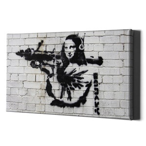 Banksy Mona Lisa On Canvas Wall Print - Da Vinci Pop Street Framed Wooden Frame Gift  - Ready To Hang Monna Rocketlauncher Bazooka Lunch