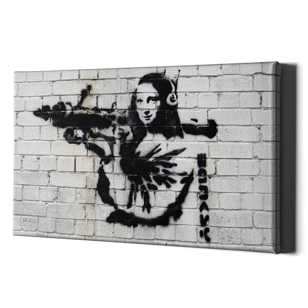 Banksy Mona Lisa On Canvas Wall Print - Da Vinci Pop Street Framed Wooden Framed Gift - Prêt à accrocher Monna Rocketlauncher Bazooka Lunch