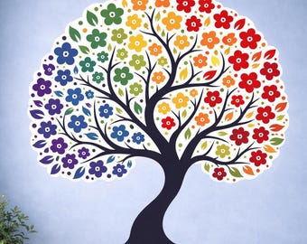 Rainbow Tree of Life Wall Vinyl Decal | Colorful Flower Tree Sticker | Boho Nursery Bedroom Living Room Wall Art Decor