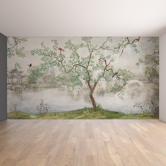Aangepaste muurschildering Chinese stijl natuur landschap muur schilderij woonkamer slaapkamer fotobehang woondecoratie 430 cm (B) × 300 cm (H