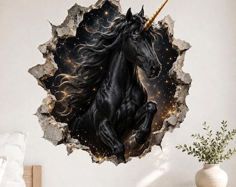 Black Unicorn Wall Decal | Celestial Gold Horn Vinyl Wall Sticker | 3D Broken Wall Fantasy Bedroom Decor | Gothic Teen Room Art | Starry Sky