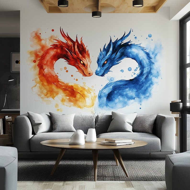 Watercolor Dragon Wall Decal | Fire Water Design | Fantasy Room Decor ...