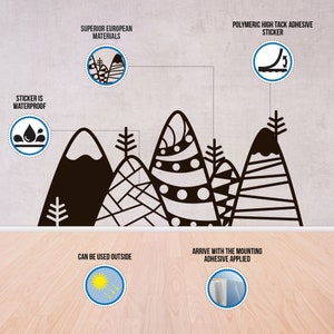May include: Black and white mountain silhouette wall decal with a snowy peak, trees, and geometric patterns. The decal is waterproof, made with superior European materials, and comes with high-tack adhesive. It can be used outdoors and arrives with the mounting adhesive applied.