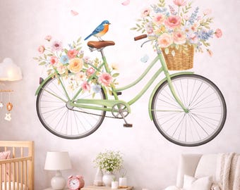 Floral Bicycle Wall Decal | Watercolor Mint Bike Sticker | Vintage Flower Basket Art | Cottagecore Wall Mural | Shabby Chic Nursery Decor