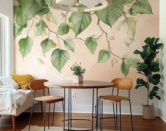 Belaubter Zweig Wandtattoo | Grünes Blatt Wanddekor | Natur Kunst für Esszimmer oder Wohnzimmer | Wieder ablösbarer Wand-Aufkleber | Großer Pflanzensticker