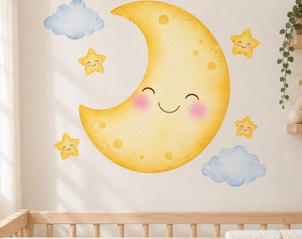Smiling Moon Wall Decal | Cute Moon Stars Wall Sticker | Nursery Celestial Decor | Baby Room Wall Art | Kids Bedroom Decor | Moon Star Decor