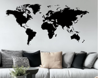 Weltkarte Wandtattoo | Moderne schwarze Vinyl-Karte Aufkleber | Minimalistische Wandkunst für Zuhause, Büro oder Wohnzimmer | Reiseinspiriertes Dekor