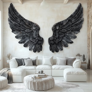 Black Angel Wings Wall Decal | Large Wing Wall Art | Dark Aesthetic Home Decor | Gothic Wall Mural | Removable Vinyl Sticker Bedroom Accent