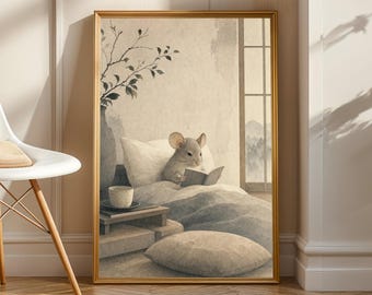 Satin Mouse Reading in Bed Poster | Japanese Sumi e Ink Wash Wall Art | Warm Ivory and Fog Gray Illustration | Zen Bedroom Decor | Book Art