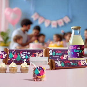 Gender Reveal Sticker Set | Personalized Boy or Girl Party Labels | Bottle, Chocolate, & Gift Box Stickers with Wall Decor *!