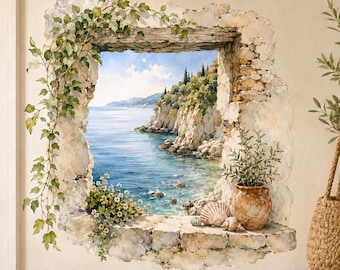 Stone Window Ocean View Wall Decal | Watercolor Mediterranean Coastal Mural | Rustic Seaside Wall Sticker | Vinyl Wall Decor | Seaside Decor