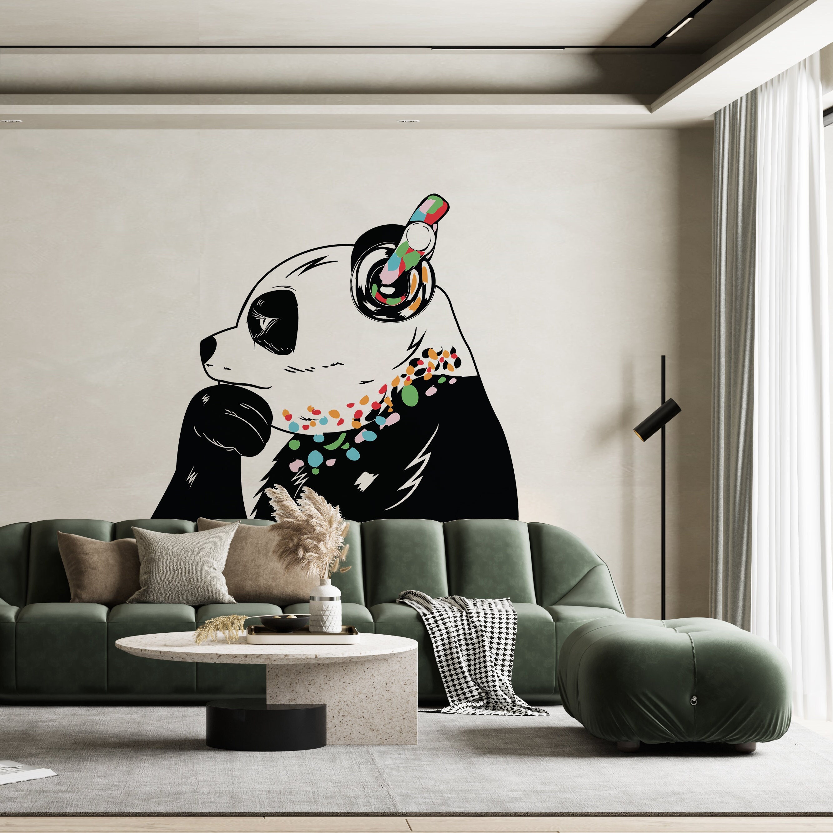 Panda Wall Art Sticker - Thinking Dj Panda Bear Head Headphones