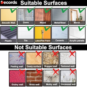 May include: A chart showing suitable and unsuitable surfaces for applying adhesive products.  Suitable surfaces include smooth walls, glass, wood, metal, tile, and acrylic panels.  Unsuitable surfaces include peeling walls, dusty surfaces, rugged walls, textured walls, grainy walls, brick walls, moldy walls, and unclean walls.