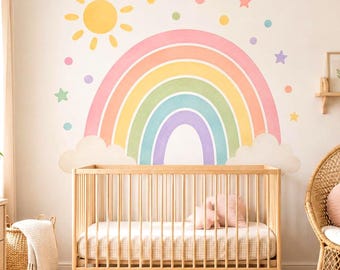 Pastel Rainbow Wall Decal with Clouds Sun and Stars | Watercolor Nursery Wall Sticker | Kids Room Vinyl Decor | Gender Neutral Nursery Decor