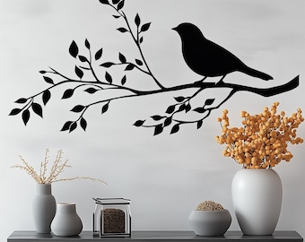 Bird on Branch Wall Decal | Minimalist Nature Vinyl Sticker | Silhouette Wall Art | Elegant Home Decor | Peel & Stick Tree Branch Mural