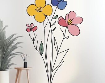 Minimalistisches Blumen Wandtattoo | Boho botanische Wandkunst | Line Art Blumen Sticker | Buntes Vinyl Wandbild Ästhetischer Raum Dekor Hauptakzent