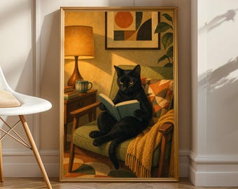 May include: A framed art print depicts a black cat reading a book while seated in a green armchair. The cat is the focal point, with a warm, inviting color palette. A lamp and side table are visible, creating a cozy, domestic scene.