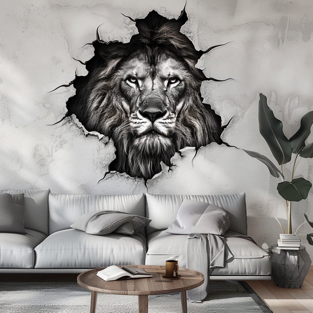3D Lion Head Wall Decal - Majestic Lion Sticker - Realistic Monochrome ...