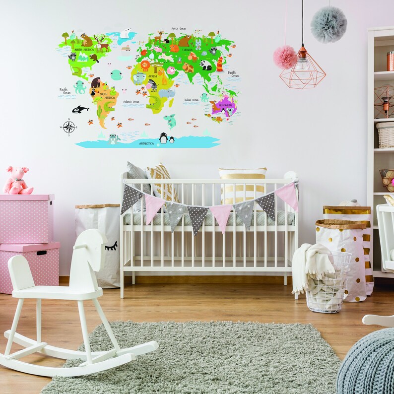 Kids World Map Wall Decal - Country Animal Room Decor Vinyl Sticker for ...