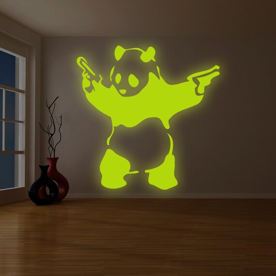 banksy glowing vinyl wall decal panda with pistols glow in | etsy