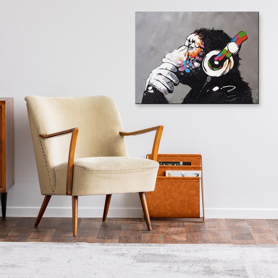 Thinking Monkey Headphones Canvas Wall Art Print - Artist Dj