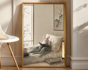 Hairless Mouse Reading Book Poster | Japanese Sumi e Ink Wash Wall Art | Warm Ivory and Fog Gray Illustration | Zen Bedroom Decor | Book Art